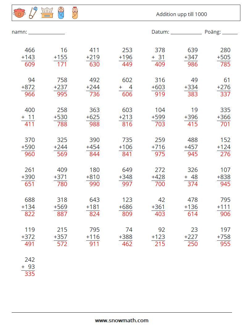 (50) Addition upp till 1000 Matematiska arbetsblad 2 Fråga, svar