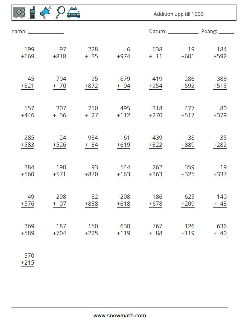 (50) Addition upp till 1000 Matematiska arbetsblad 3