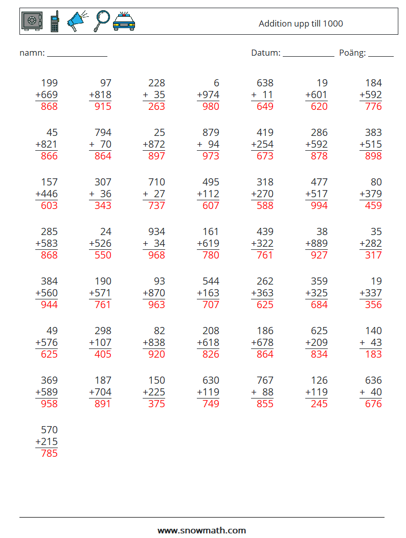 (50) Addition upp till 1000 Matematiska arbetsblad 3 Fråga, svar