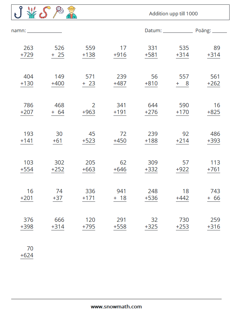 (50) Addition upp till 1000 Matematiska arbetsblad 4