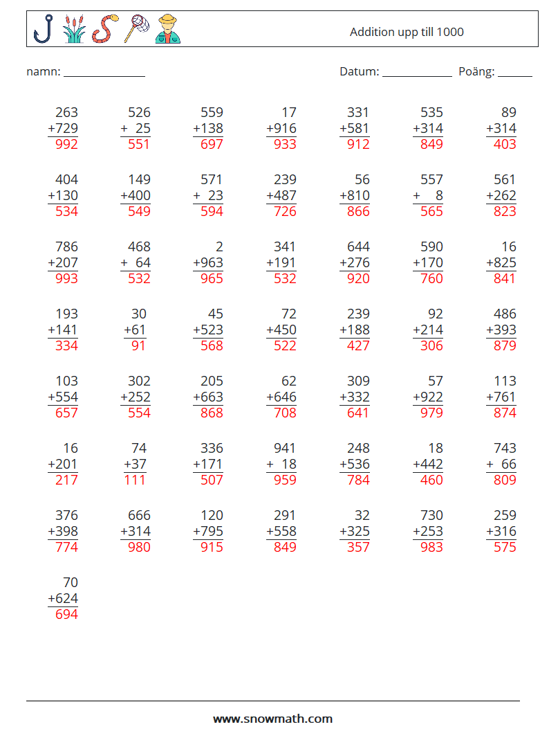 (50) Addition upp till 1000 Matematiska arbetsblad 4 Fråga, svar