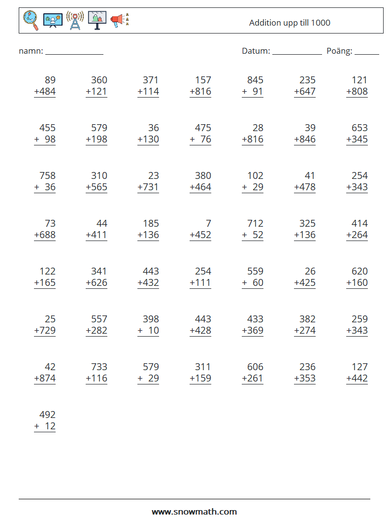 (50) Addition upp till 1000 Matematiska arbetsblad 5