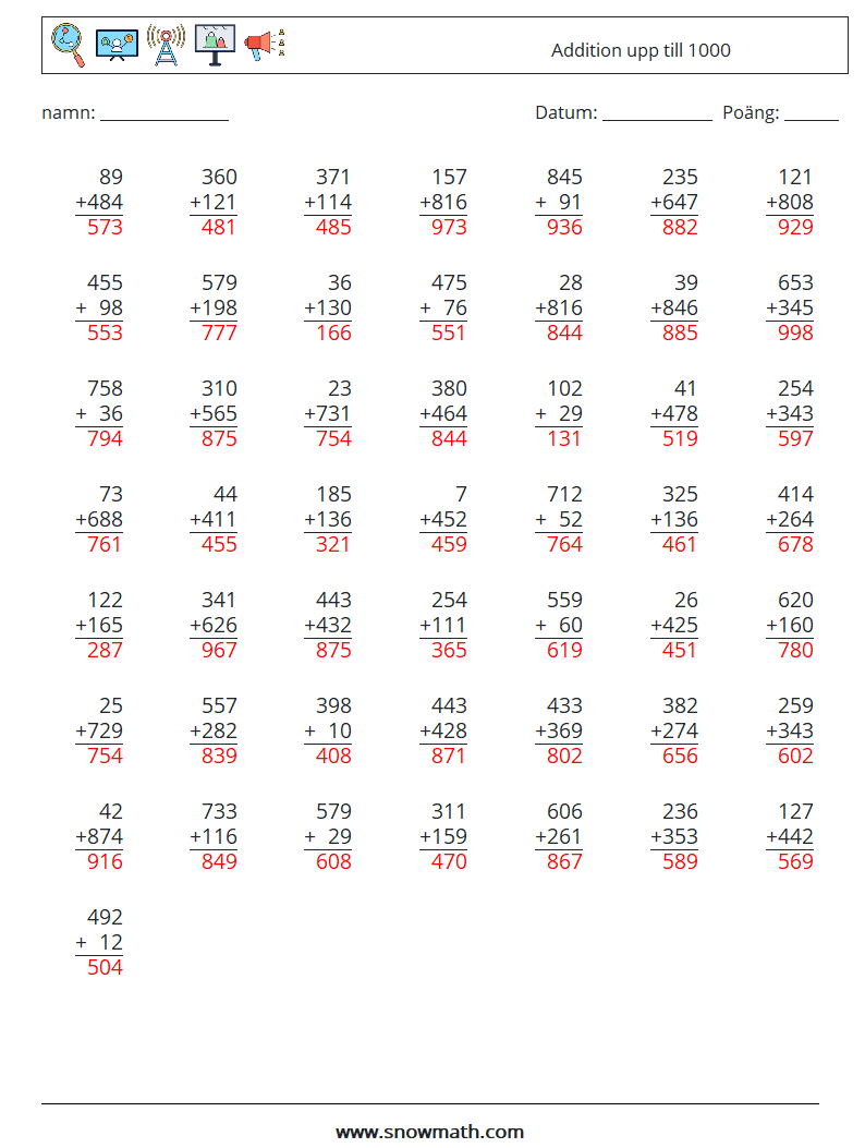 (50) Addition upp till 1000 Matematiska arbetsblad 5 Fråga, svar