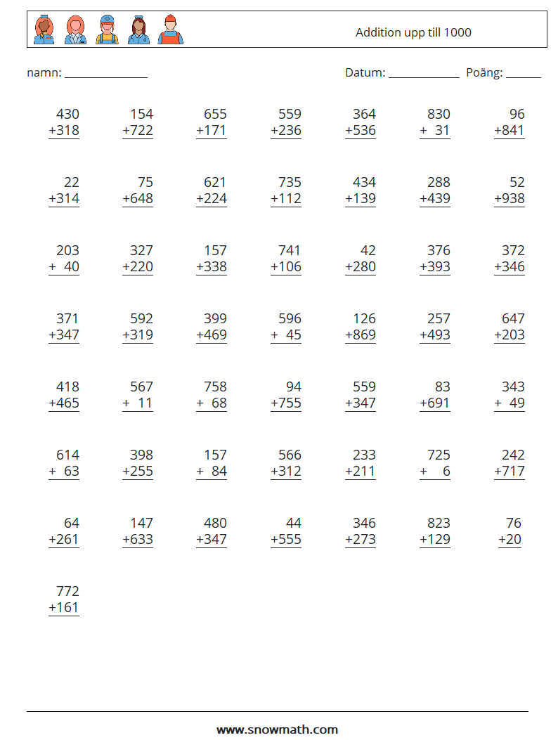 (50) Addition upp till 1000 Matematiska arbetsblad 6