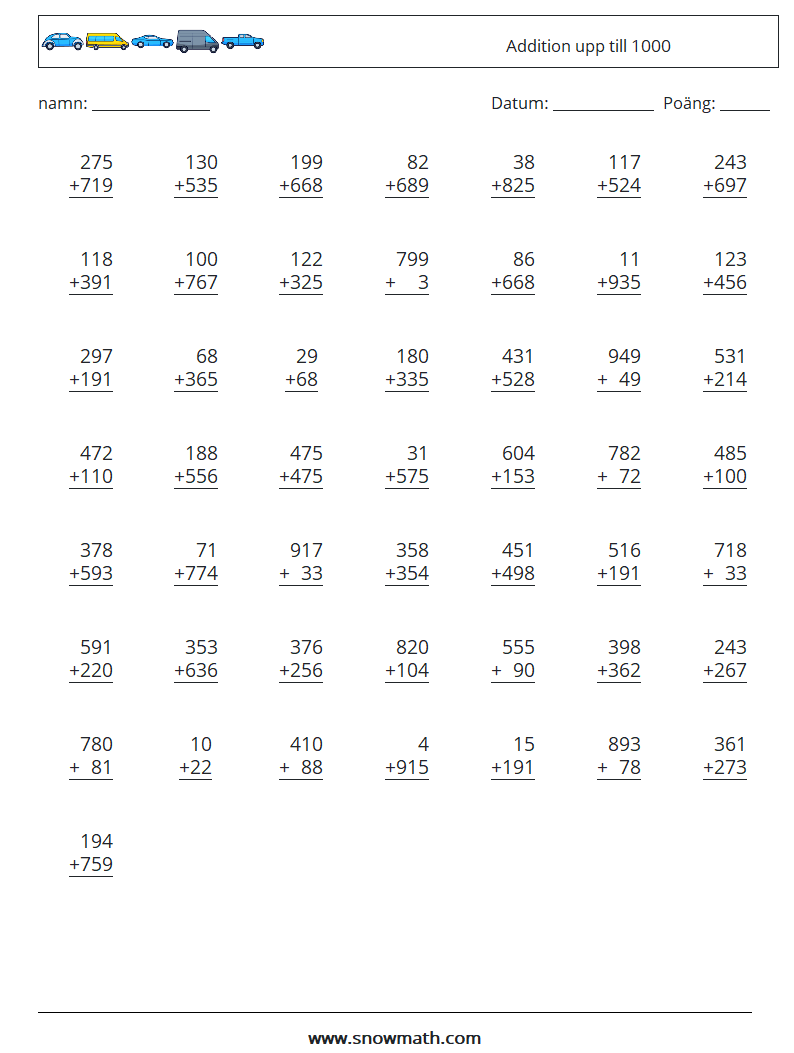 (50) Addition upp till 1000 Matematiska arbetsblad 7