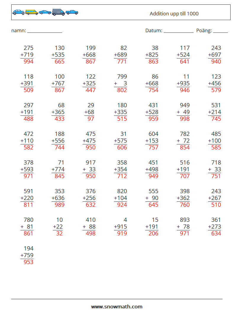 (50) Addition upp till 1000 Matematiska arbetsblad 7 Fråga, svar