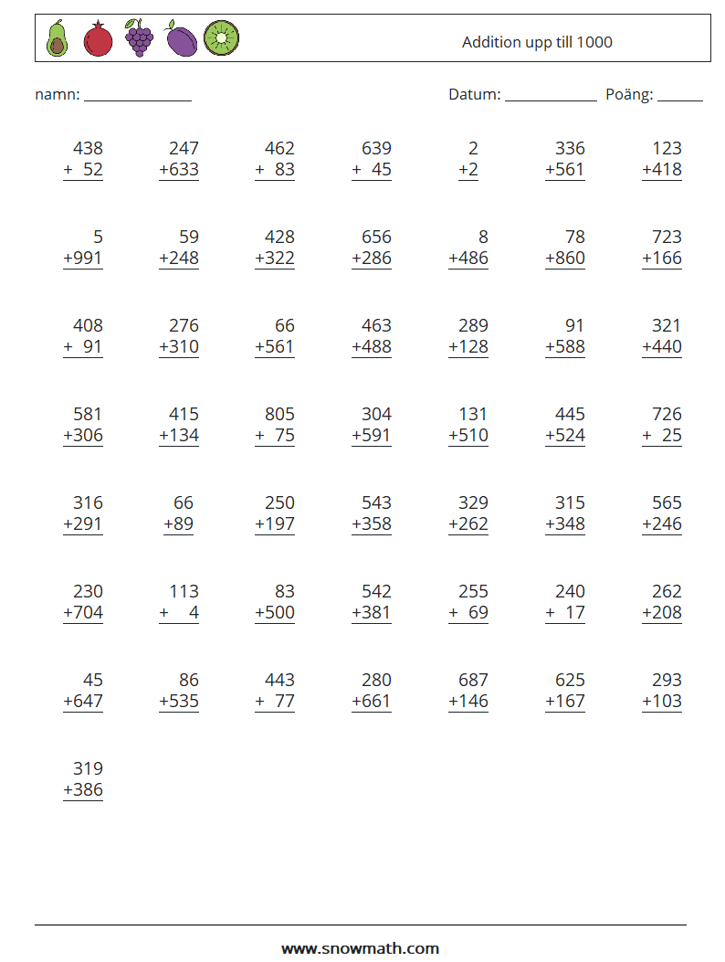 (50) Addition upp till 1000 Matematiska arbetsblad 8