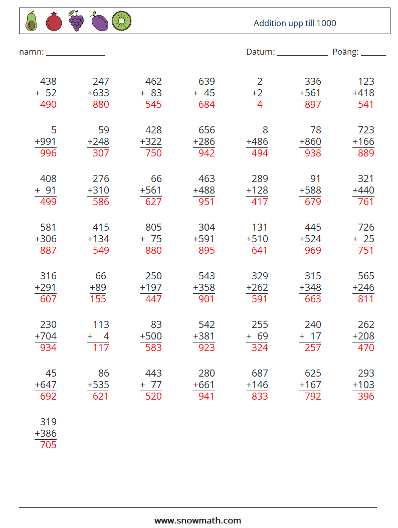 (50) Addition upp till 1000 Matematiska arbetsblad 8 Fråga, svar