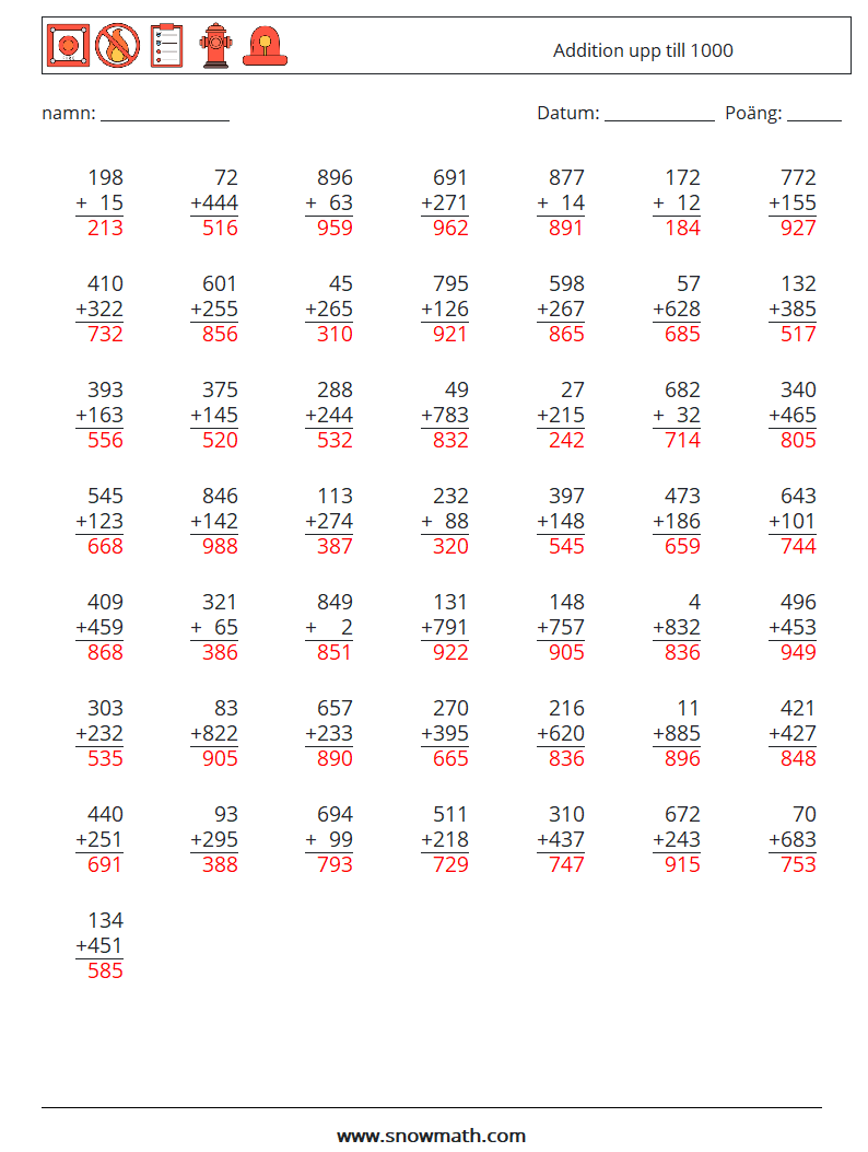 (50) Addition upp till 1000 Matematiska arbetsblad 9 Fråga, svar