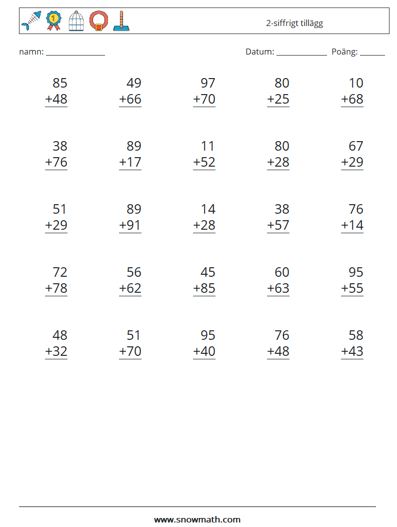 (25) 2-siffrigt tillägg Matematiska arbetsblad 1