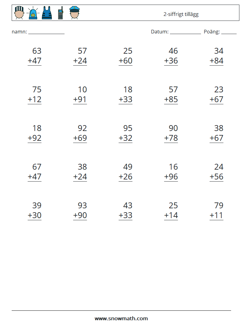 (25) 2-siffrigt tillägg Matematiska arbetsblad 10