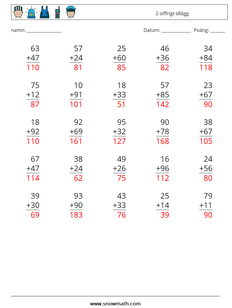 (25) 2-siffrigt tillägg Matematiska arbetsblad 10 Fråga, svar