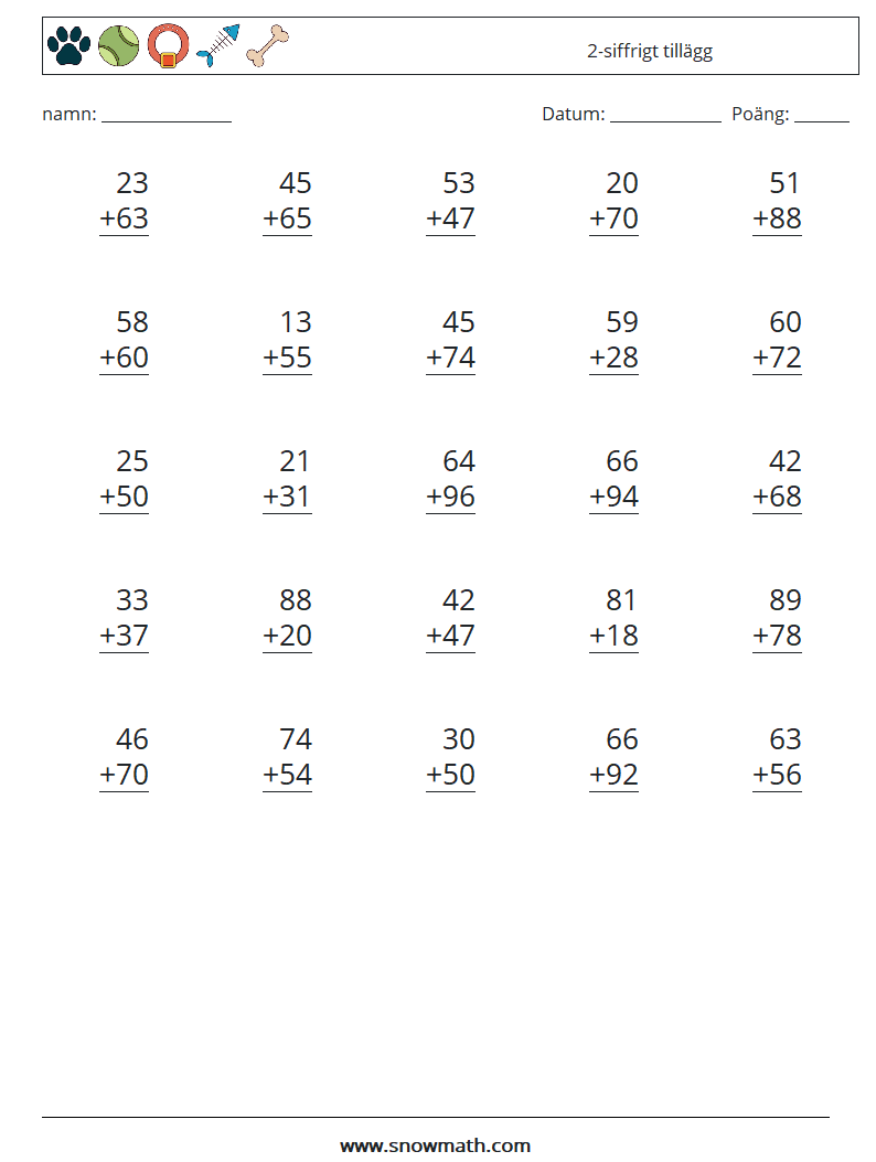 (25) 2-siffrigt tillägg Matematiska arbetsblad 11