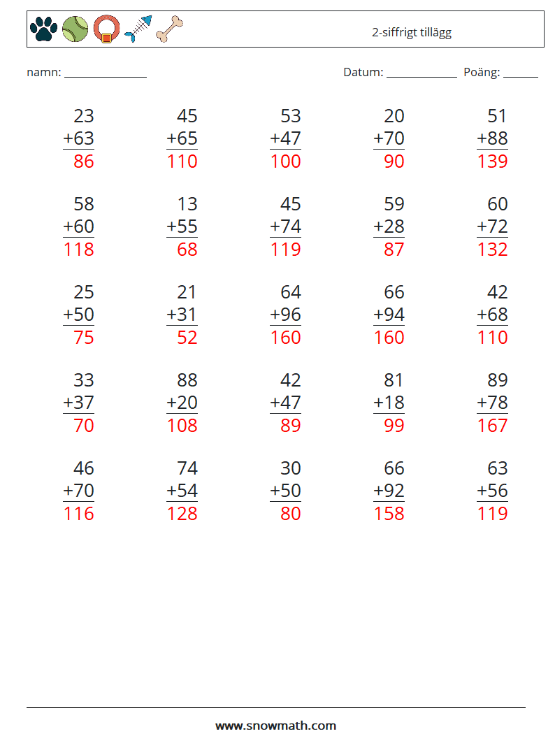 (25) 2-siffrigt tillägg Matematiska arbetsblad 11 Fråga, svar