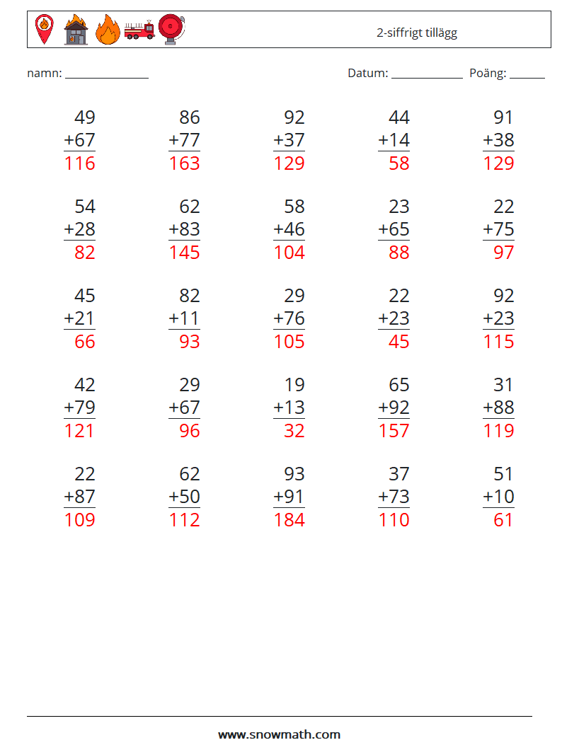 (25) 2-siffrigt tillägg Matematiska arbetsblad 12 Fråga, svar