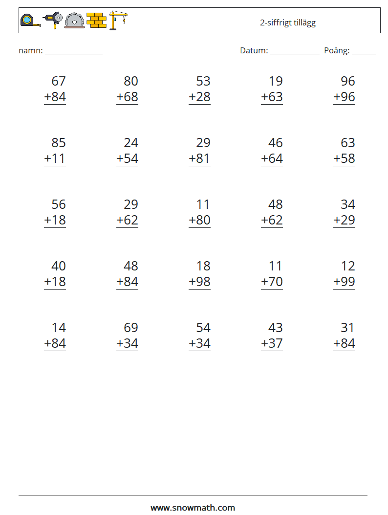 (25) 2-siffrigt tillägg Matematiska arbetsblad 13