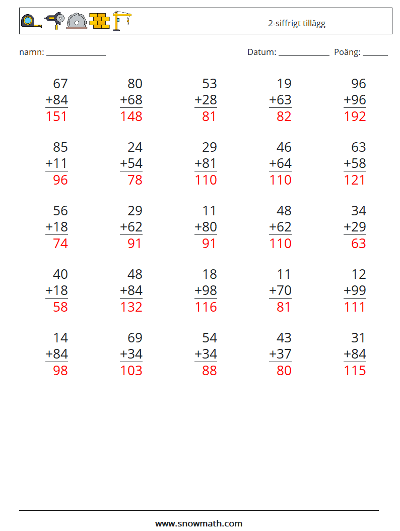 (25) 2-siffrigt tillägg Matematiska arbetsblad 13 Fråga, svar