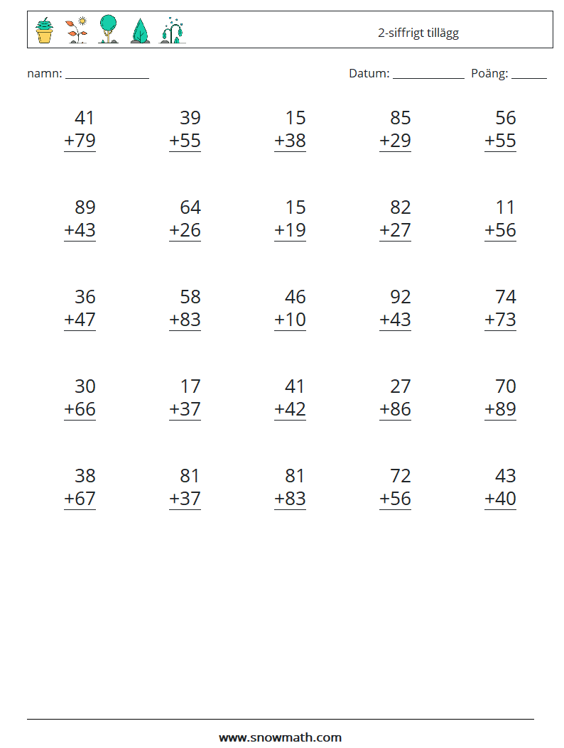 (25) 2-siffrigt tillägg Matematiska arbetsblad 14