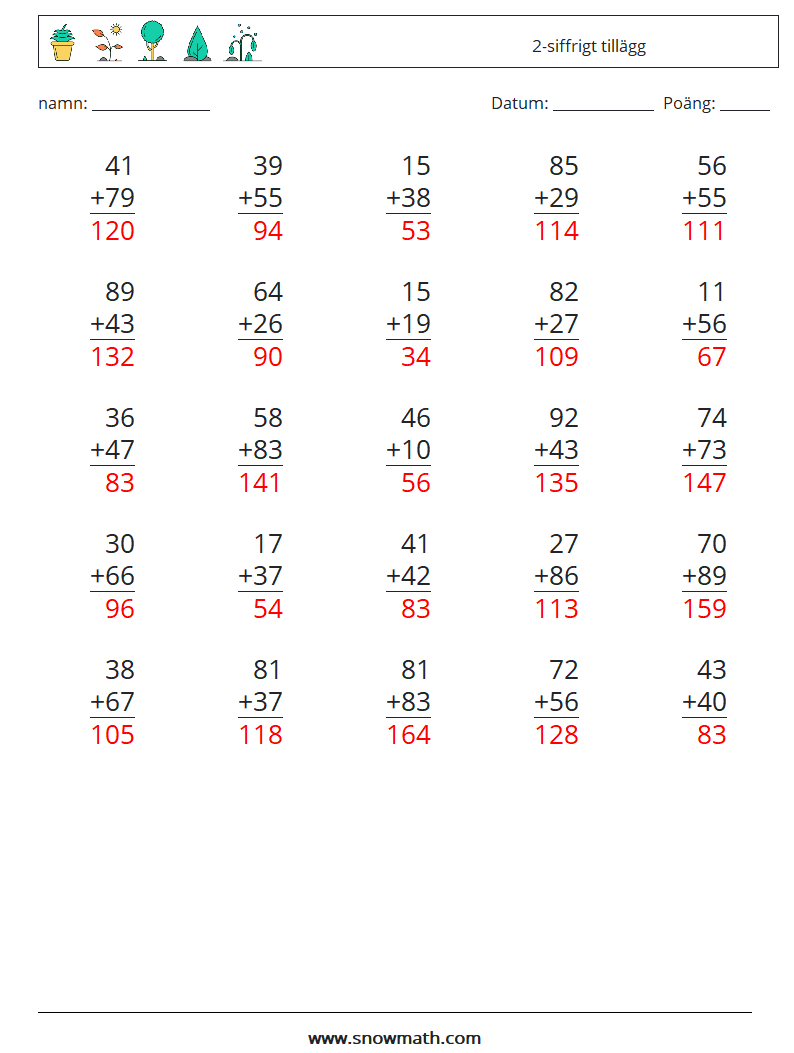 (25) 2-siffrigt tillägg Matematiska arbetsblad 14 Fråga, svar