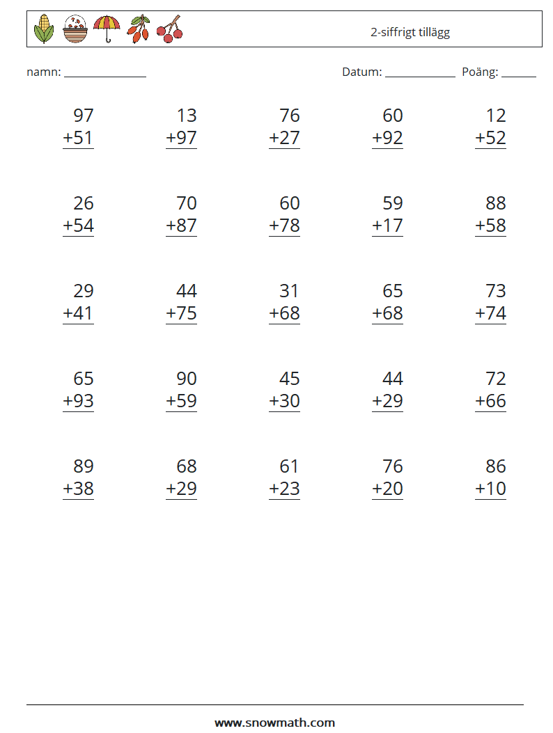 (25) 2-siffrigt tillägg Matematiska arbetsblad 15