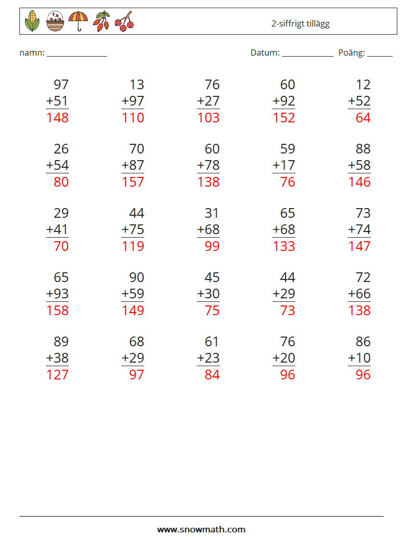 (25) 2-siffrigt tillägg Matematiska arbetsblad 15 Fråga, svar