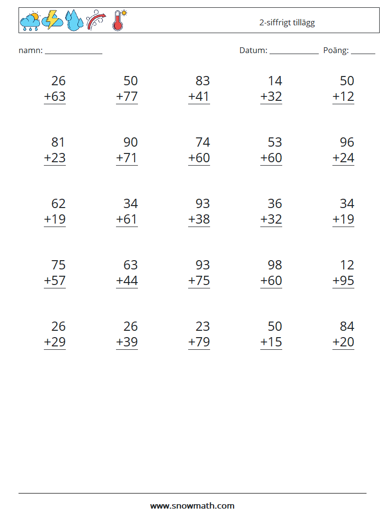 (25) 2-siffrigt tillägg Matematiska arbetsblad 17