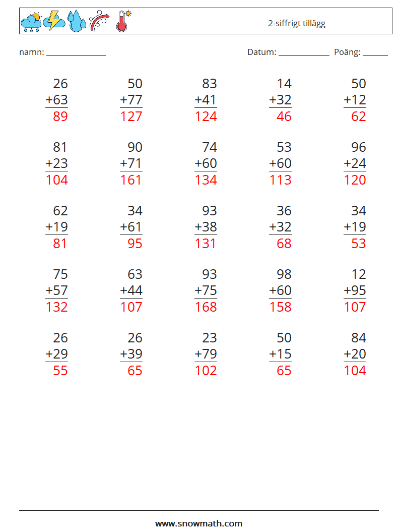 (25) 2-siffrigt tillägg Matematiska arbetsblad 17 Fråga, svar