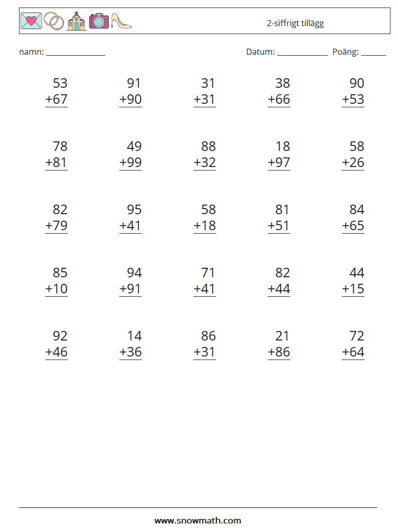 (25) 2-siffrigt tillägg Matematiska arbetsblad 18