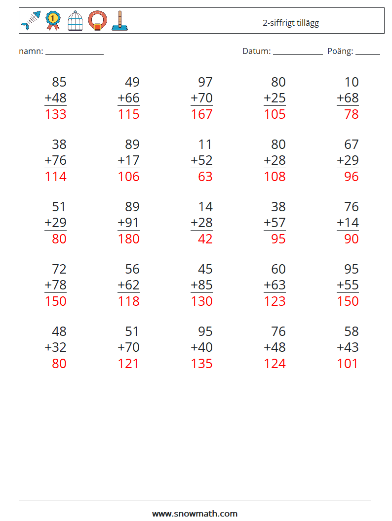 (25) 2-siffrigt tillägg Matematiska arbetsblad 1 Fråga, svar