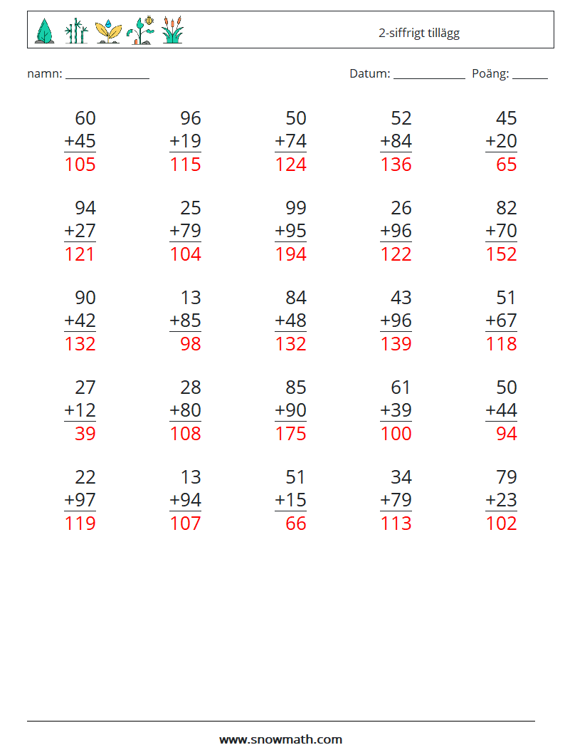 (25) 2-siffrigt tillägg Matematiska arbetsblad 2 Fråga, svar