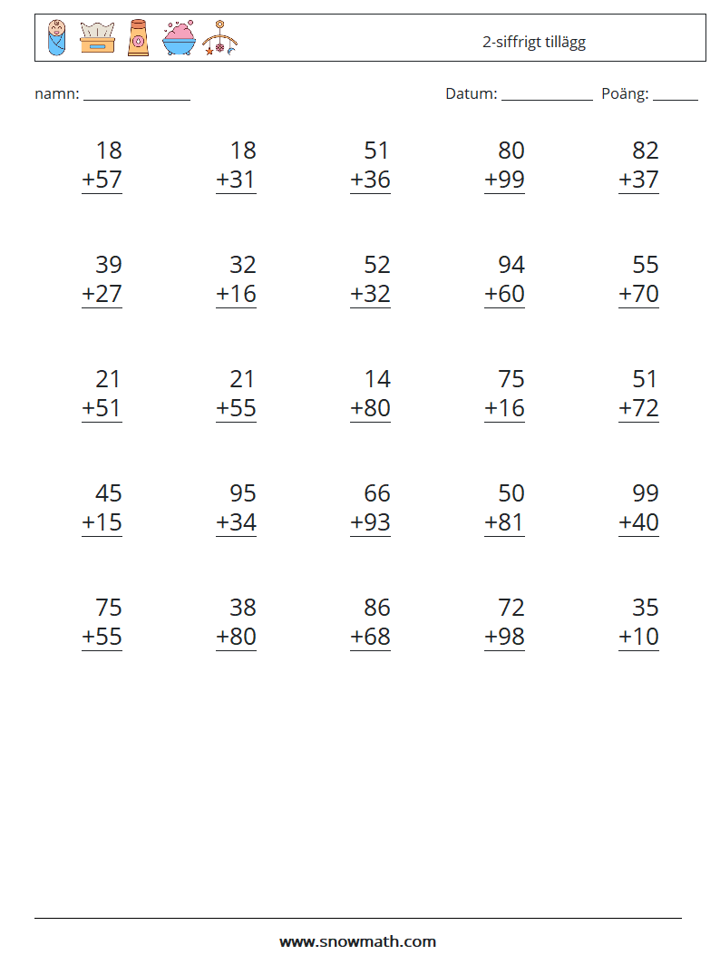 (25) 2-siffrigt tillägg Matematiska arbetsblad 3