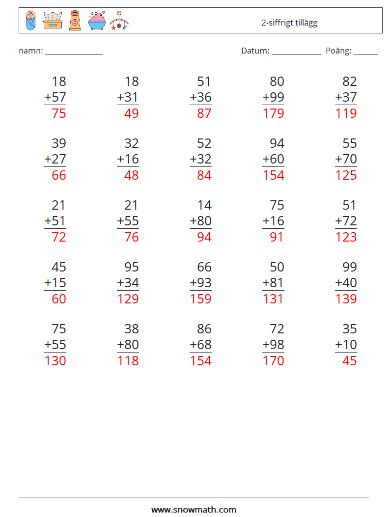 (25) 2-siffrigt tillägg Matematiska arbetsblad 3 Fråga, svar