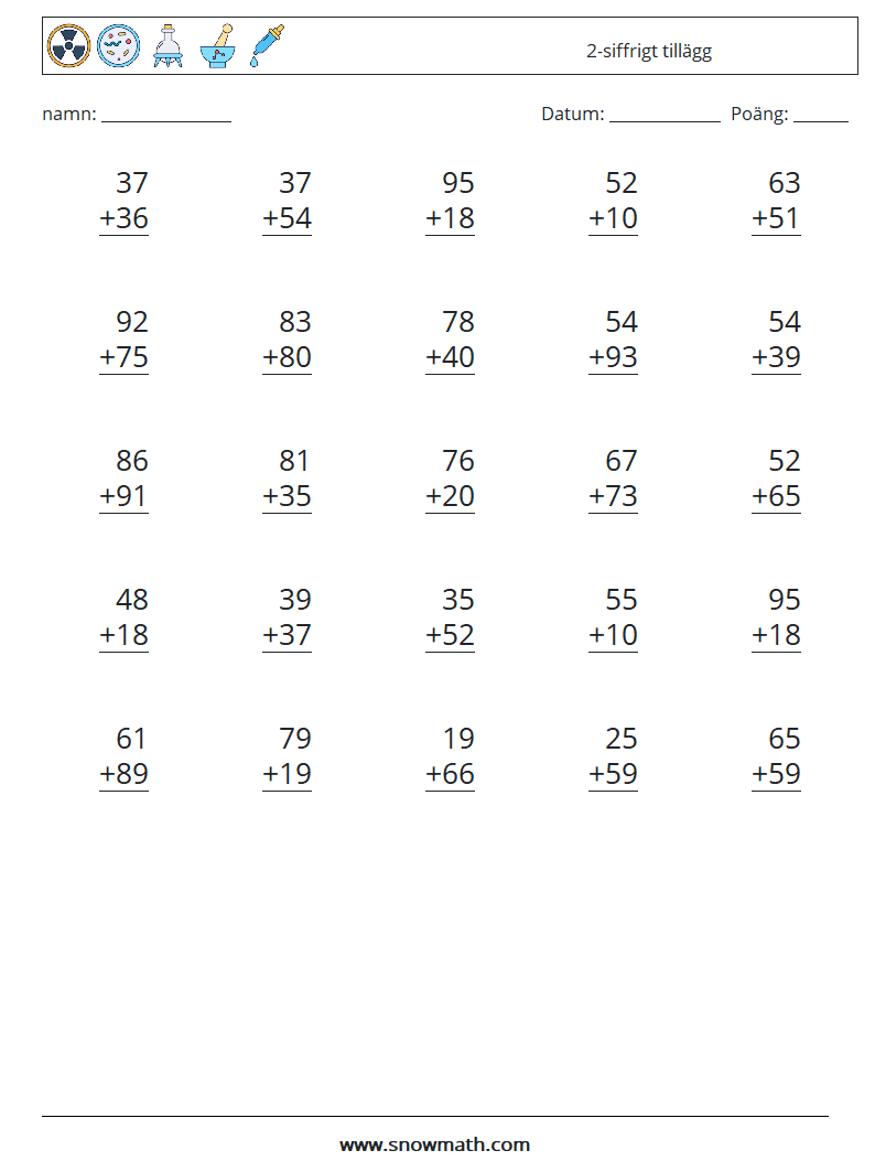 (25) 2-siffrigt tillägg Matematiska arbetsblad 4