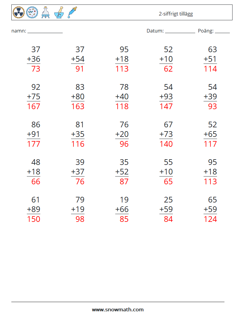 (25) 2-siffrigt tillägg Matematiska arbetsblad 4 Fråga, svar