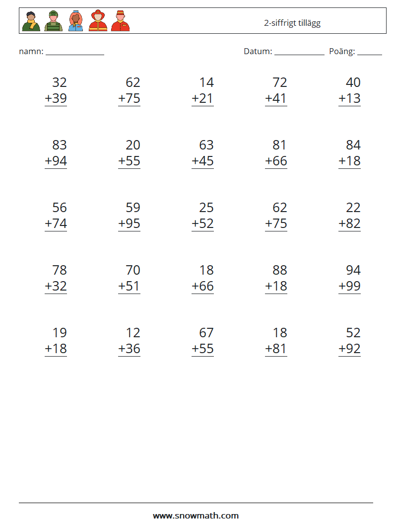 (25) 2-siffrigt tillägg Matematiska arbetsblad 5