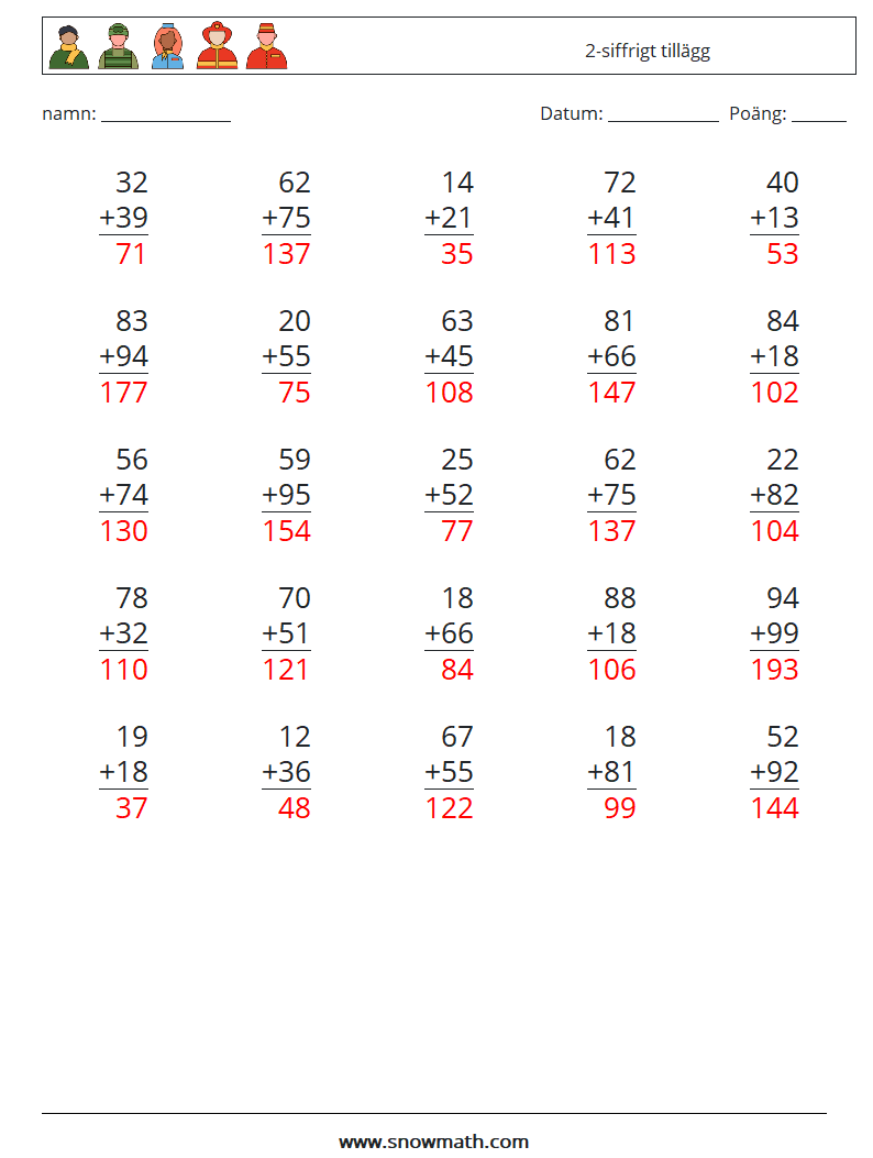 (25) 2-siffrigt tillägg Matematiska arbetsblad 5 Fråga, svar