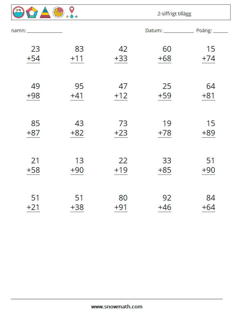 (25) 2-siffrigt tillägg Matematiska arbetsblad 6