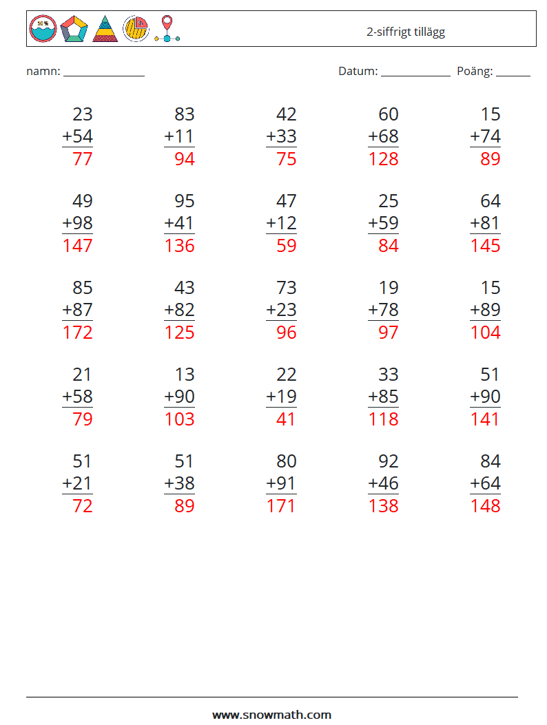 (25) 2-siffrigt tillägg Matematiska arbetsblad 6 Fråga, svar