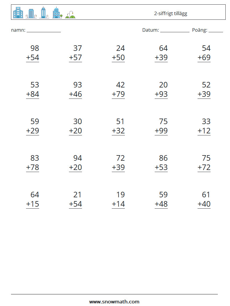 (25) 2-siffrigt tillägg Matematiska arbetsblad 7