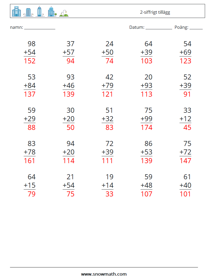 (25) 2-siffrigt tillägg Matematiska arbetsblad 7 Fråga, svar