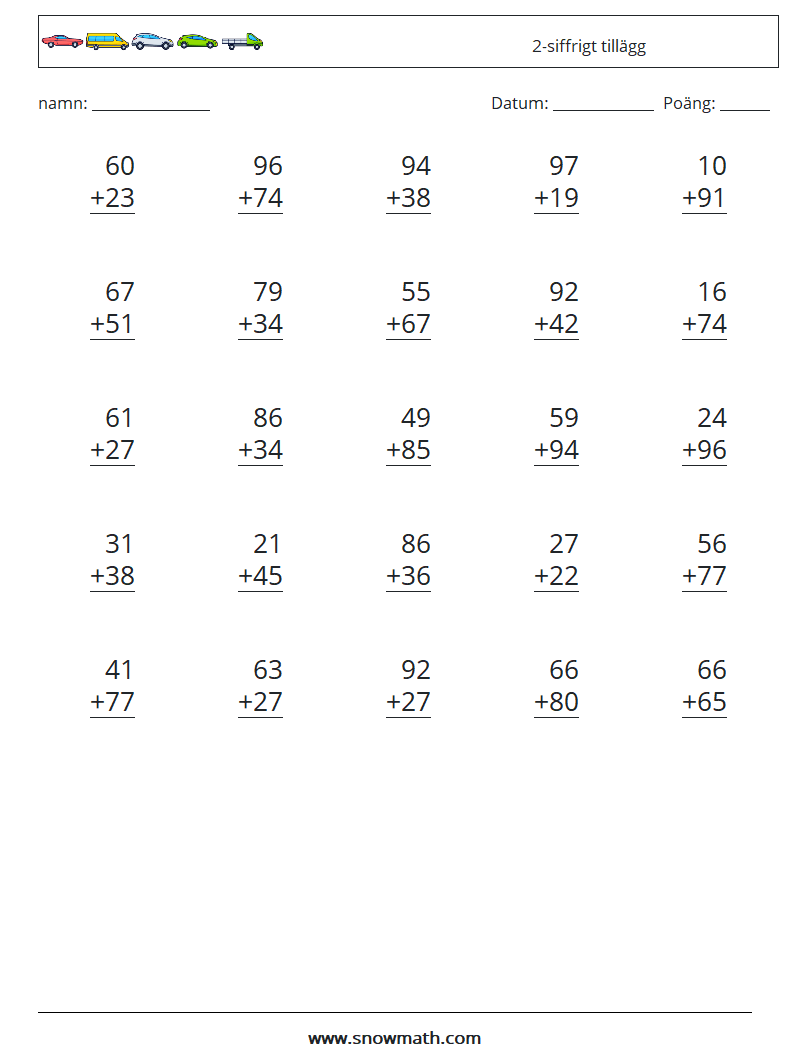 (25) 2-siffrigt tillägg Matematiska arbetsblad 8