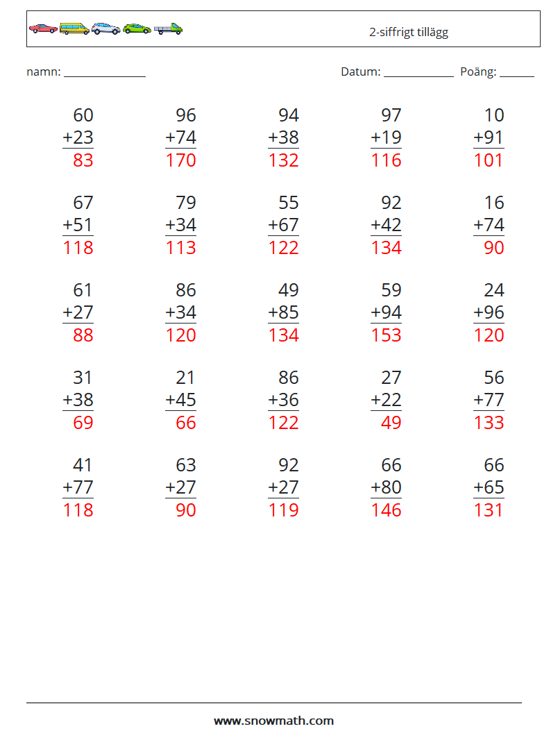 (25) 2-siffrigt tillägg Matematiska arbetsblad 8 Fråga, svar