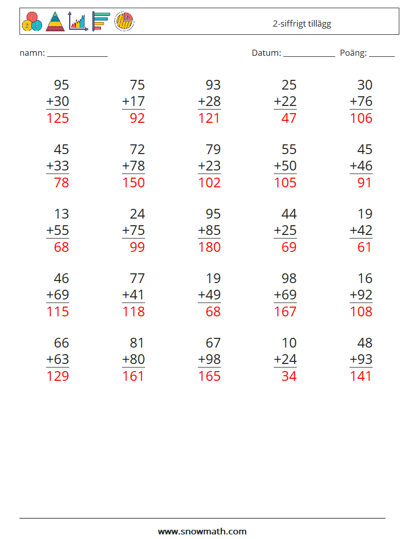 (25) 2-siffrigt tillägg Matematiska arbetsblad 9 Fråga, svar