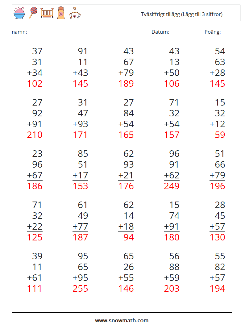 (25) Tvåsiffrigt tillägg (Lägg till 3 siffror) Matematiska arbetsblad 10 Fråga, svar