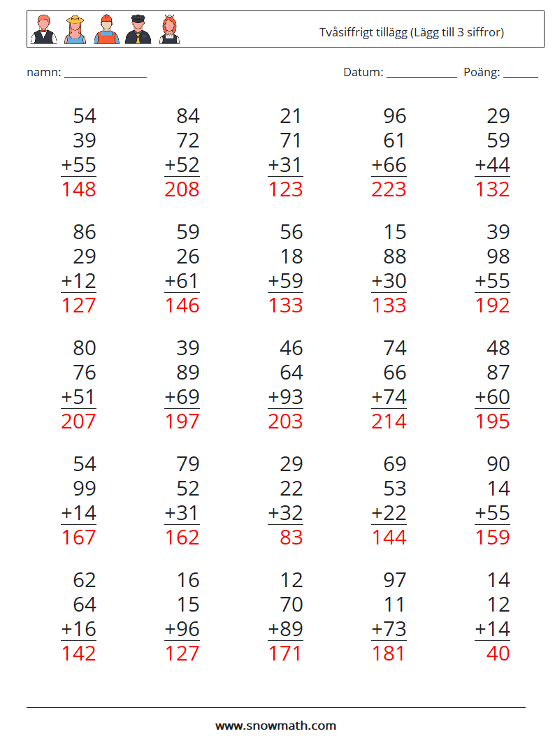 (25) Tvåsiffrigt tillägg (Lägg till 3 siffror) Matematiska arbetsblad 11 Fråga, svar