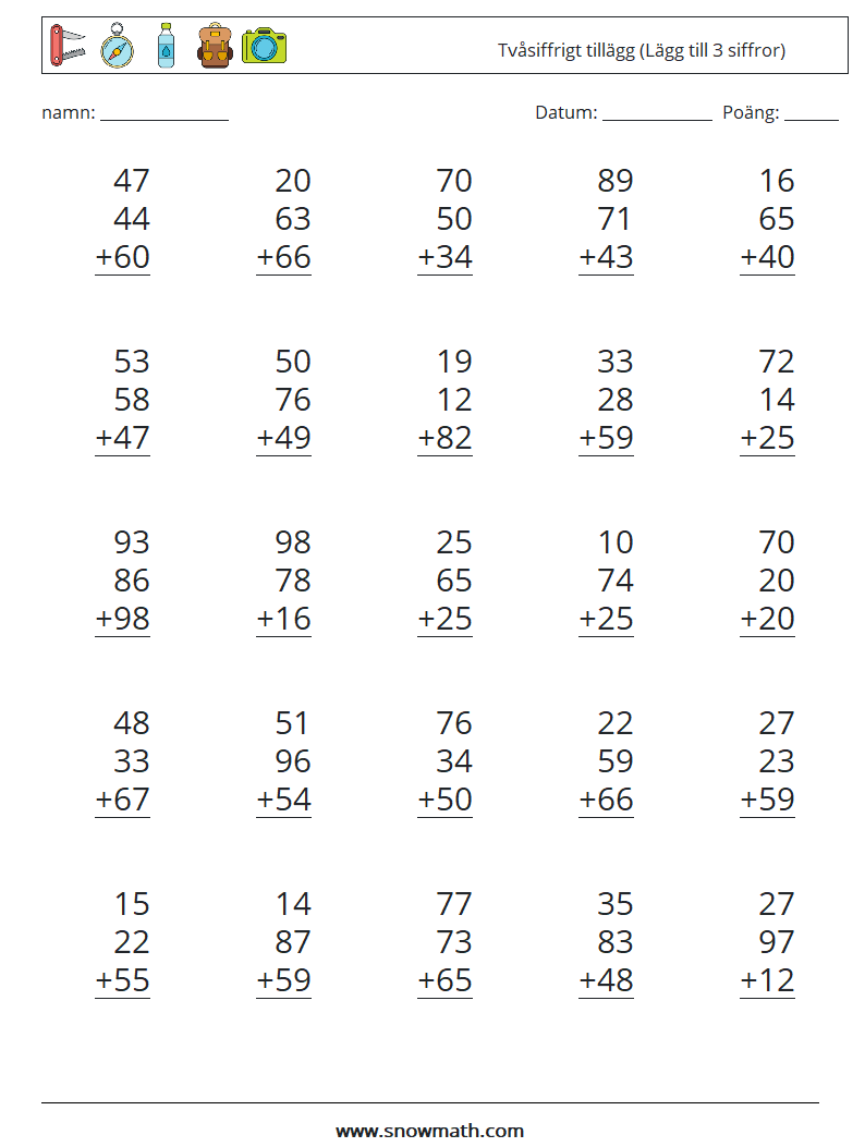 (25) Tvåsiffrigt tillägg (Lägg till 3 siffror) Matematiska arbetsblad 16