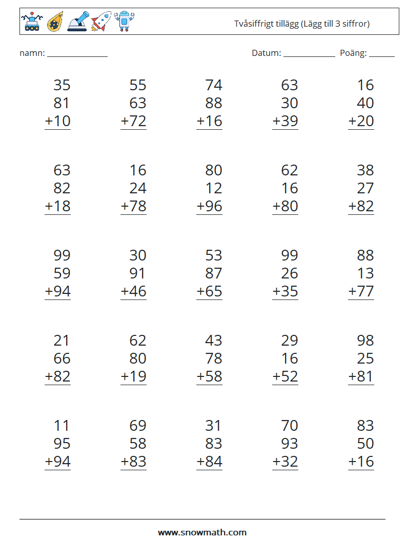 (25) Tvåsiffrigt tillägg (Lägg till 3 siffror) Matematiska arbetsblad 17