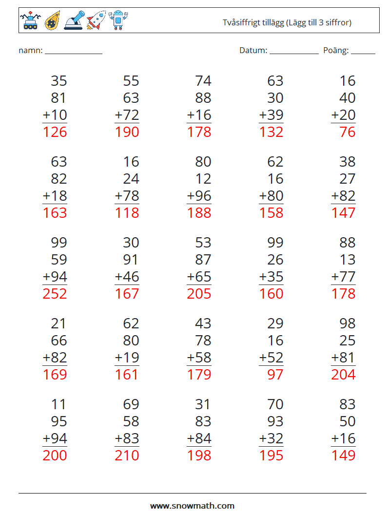 (25) Tvåsiffrigt tillägg (Lägg till 3 siffror) Matematiska arbetsblad 17 Fråga, svar