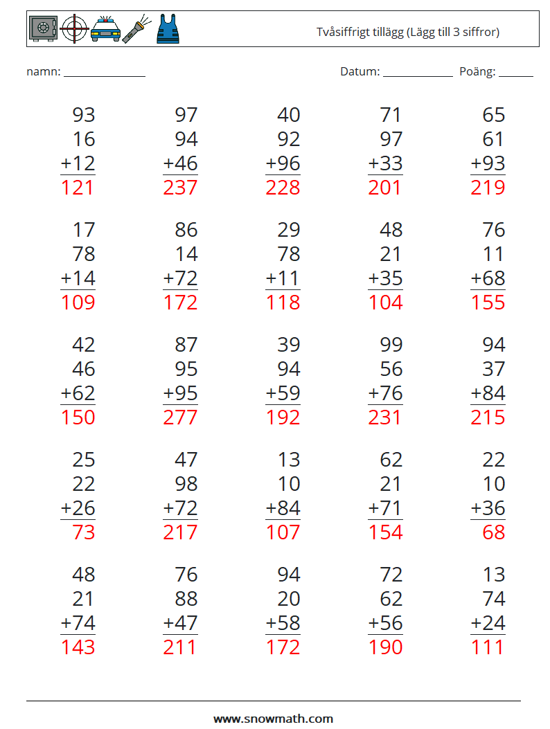 (25) Tvåsiffrigt tillägg (Lägg till 3 siffror) Matematiska arbetsblad 18 Fråga, svar