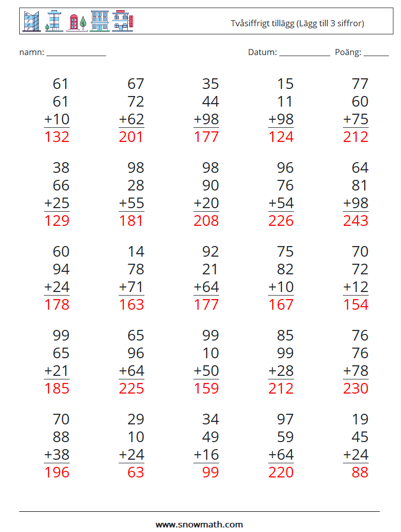 (25) Tvåsiffrigt tillägg (Lägg till 3 siffror) Matematiska arbetsblad 1 Fråga, svar